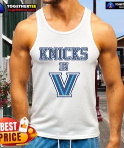 Alt Text: Woman wearing a stylish New York Knicks V tank top, showcasing team spirit and fashion in vibrant colors.