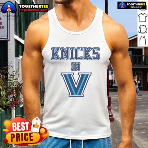 Alt Text: Woman wearing a stylish New York Knicks V tank top, showcasing team spirit and fashion in vibrant colors.
