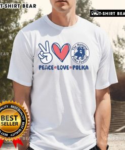 Alt Text: Pretty Peace Love Polka T-Shirt featuring vibrant design for The National Polka Festival, celebrating polka culture.