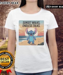 Pretty Stitch ladies tee featuring a beach sunset design, perfect for endless talks during evening walks by the shore.