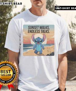 Pretty Stitch In The Beach Sunset Walks Endless Talks T-Shirt design featuring vibrant colors and beach-themed graphics.