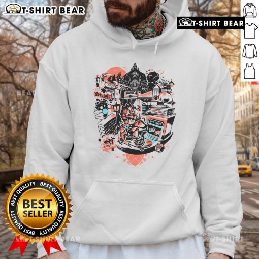 Alt Text: Cozy hoodie featuring Roxas from Kingdom Hearts against a stunning twilight town sundown backdrop.