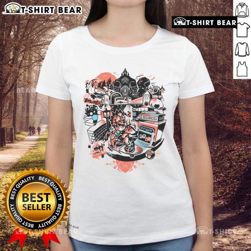 Pretty sundown scene featuring Roxas from Kingdom Hearts in Twilight Town on a stylish ladies tee.