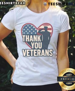 Pretty Thank You Veterans America Heart Ladies Tee showcasing a patriotic design in a stylish women's shirt.