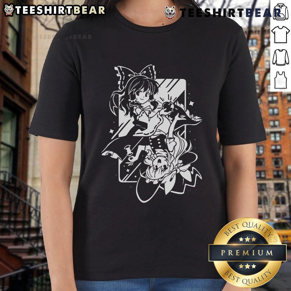 Pretty Touhou Am I Dreaming Reimu Hakurei Marisa Kirisame Ladies Tee Alt Text: Pretty Touhou Am I Dreaming tee featuring Reimu Hakurei and Marisa Kirisame in vibrant colors and detailed design.