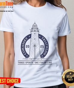 Alt Text: Cohasset Triathlon 2025 ladies tee showcasing three sports design and vibrant colors, perfect for race day.