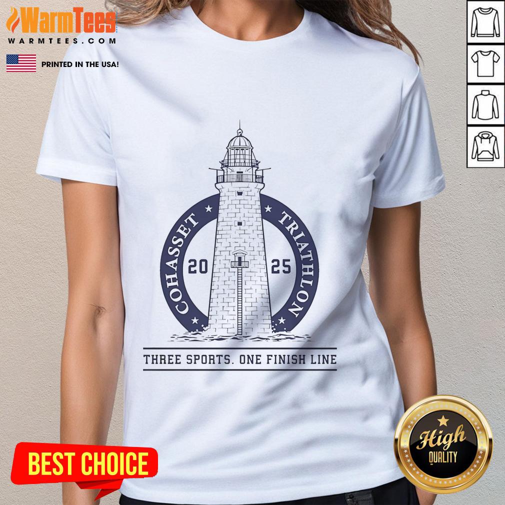 Top 2025 Cohasset Triathlon Three Sports One Finish Line Ladies Tee Alt Text: Cohasset Triathlon 2025 ladies tee showcasing three sports design and vibrant colors, perfect for race day.