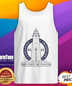 Top 2025 Cohasset Triathlon tank top showcasing three sports and one finish line design, perfect for athletes and fans.