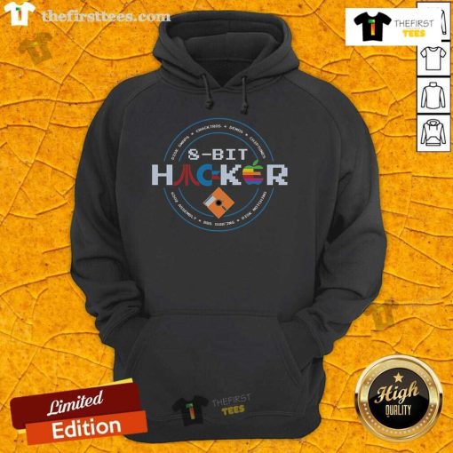 Alt Text: Stylish top 8-bit hacker hoodie featuring retro design, perfect for tech enthusiasts and gamers.