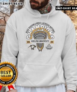 Adelphi University men's lacrosse 2025 DII national champions hoodie, featuring team colors and logo, perfect for fans.