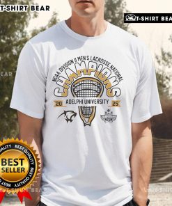 Top Adelphi University Men's Lacrosse 2025 DII National Champions T-Shirt featuring team logo and championship details.