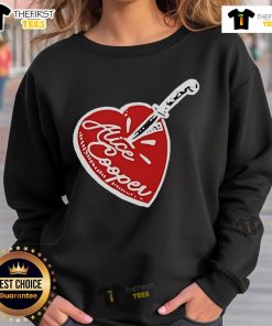 Alt Text: Top Alice Cooper Stab Heart Knife Sweatshirt featuring iconic graphic design and bold colors for rock music fans.