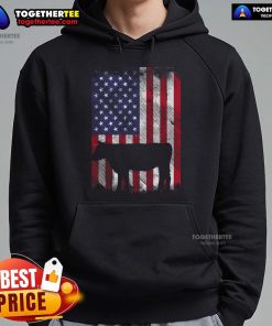 Vintage farm hoodie featuring a patriotic cow with an American flag, perfect for farmers and Americana enthusiasts.