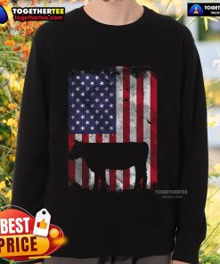 Vintage farm animal sweatshirt featuring a top American flag cow design, perfect for patriotic farmers.