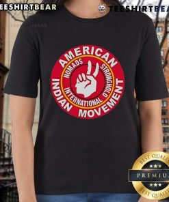 Top American Indian Movement Nomads Stronghold International logo on a stylish ladies tee, showcasing cultural pride and activism.