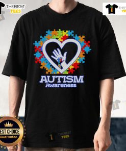 Top Autism Awareness Hands Puzzle Heart T-Shirt featuring colorful puzzle pieces and heart design to promote inclusion.