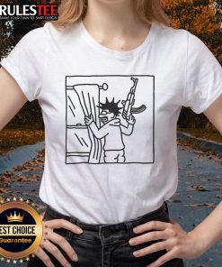 Alt Text: Top-Awful Who's That Peeking Through My Window Ladies Tee featuring a playful graphic design in vibrant colors.
