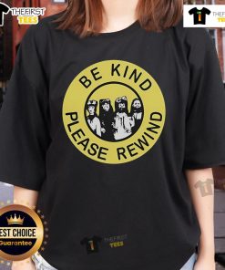 Alt Text: Top Be Kind Please Rewind Puppet Combo Ladies Tee featuring retro design and vibrant colors, perfect for casual wear.