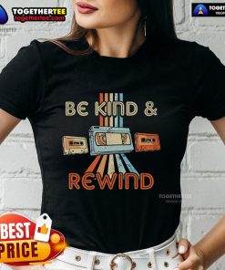 Alt Text: Vintage 90s 'Be Kind, Rewind' tee for ladies, showcasing nostalgic 80s throwback style and retro design elements.