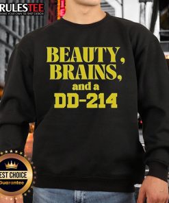 Alt Text: Stylish Top Beauty, Brains, and a DD-214 sweatshirt featuring a bold graphic, perfect for veterans and fashion lovers.