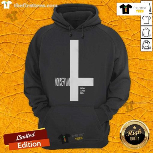 Top Behemoth Nero Noir Non Serviam Satan Loves You Hoodie featuring bold graphics and a stylish black design.