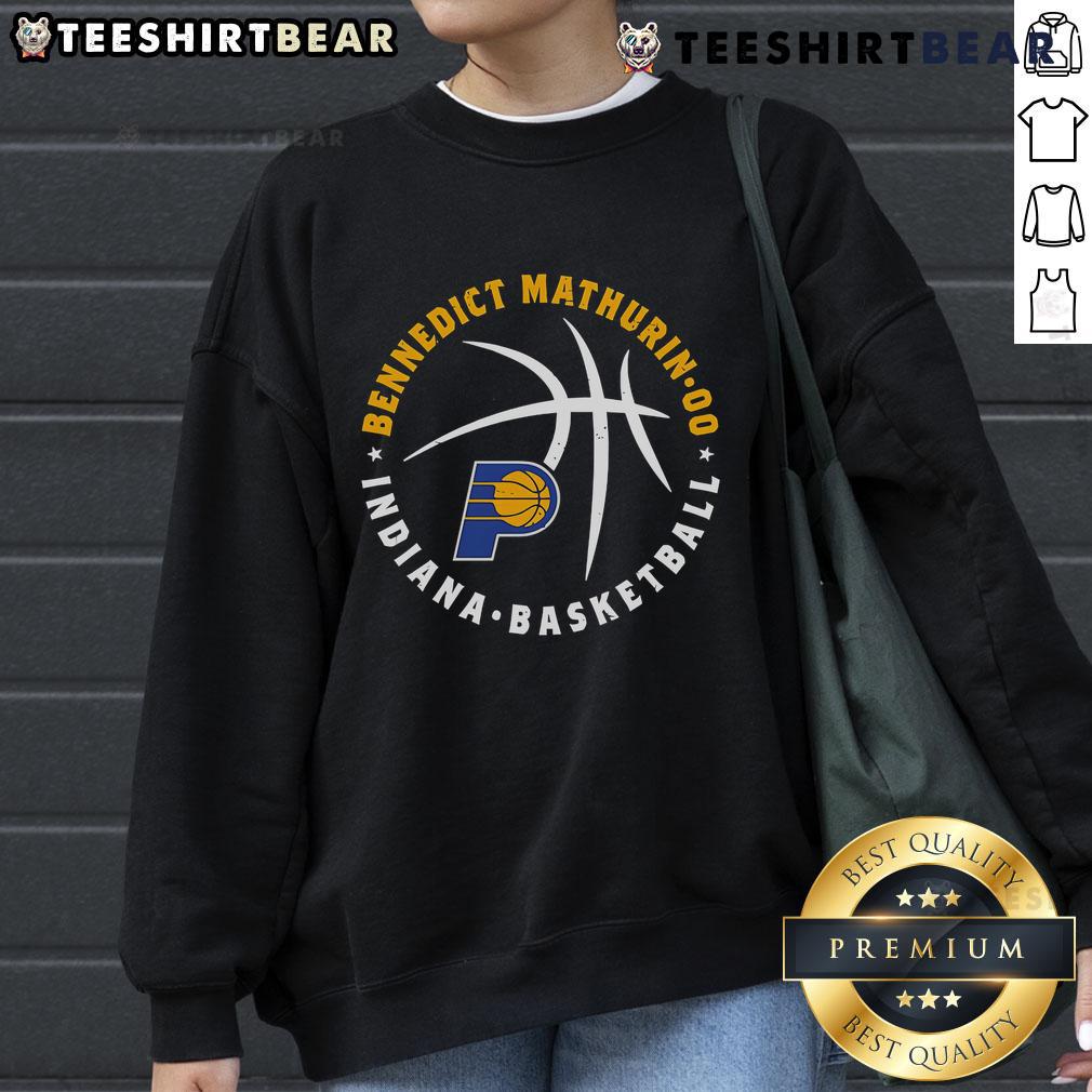 Top Bennedict Mathurin Indiana Pacers Basketball Player Ball Sweatshirt Alt Text: Top Bennedict Mathurin in Indiana Pacers sweatshirt holding a basketball, showcasing his athletic style and team spirit.