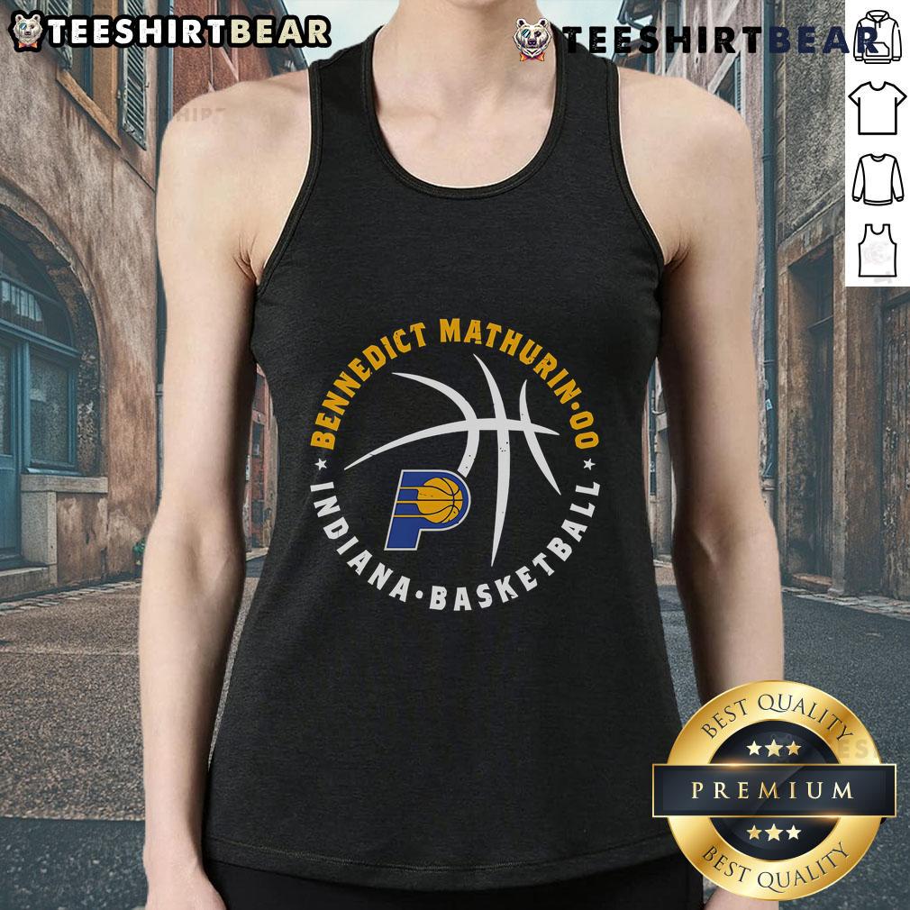 Top Bennedict Mathurin Indiana Pacers Basketball Player Ball Tank Top Top Bennedict Mathurin wearing an Indiana Pacers tank top, showcasing his basketball skills on the court.