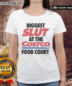 Top Biggest Slut at the Wholesale Food Court Ladies Tee displayed on a model, showcasing trendy design and vibrant colors.