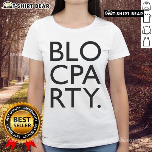 Top Bloc Party logo on a stylish ladies tee, perfect for fans of vibrant party wear and events.