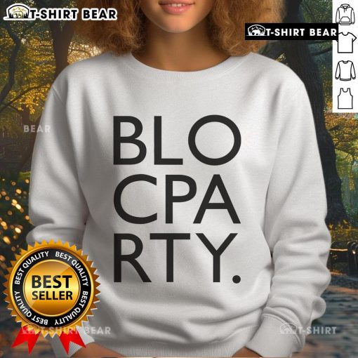 Top Bloc Party logo sweatshirt featuring vibrant colors and bold design, perfect for fans and stylish casual wear.