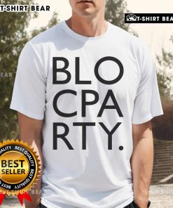 Alt Text: Stylish Top Bloc Party logo T-shirt featuring bold graphics, perfect for fans and casual wear.