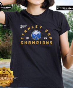 Alt Text: Stylish black ladies' tee celebrating the 2025 Stanley Cup Champions Buffalo Sabres, perfect for fans and casual wear.