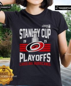 Top Carolina Hurricanes merch featuring a 2025 Stanley Cup Playoff ladies tee in red with team's logo and vibrant design.