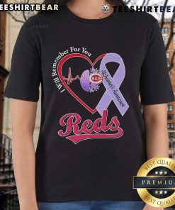 Top Cincinnati Reds I Will Remember For You Alzheimer's Awareness Ladies Tee featuring vibrant team colors and design.
