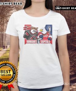 Alt Text: Dallas Stars vs Carolina Hurricanes 2025 Eastern Conference Semi-Finals ladies tee featuring team mascots.