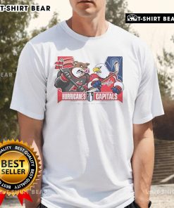 Alt Text: Dallas Stars vs Carolina Hurricanes 2025 Eastern Conference Semi Finals mascot t-shirt featuring team logos.