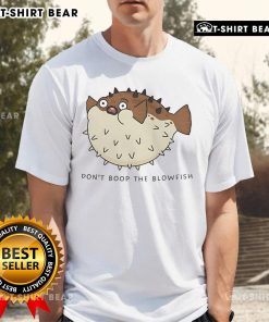 Top Don'T Boop The Blowfish Puffer Fish T-Shirt design featuring a whimsical cartoon puffer fish on a vibrant background.