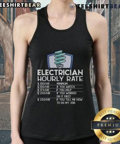 Funny electrician in tank top showing hourly rates, showcasing humor in the electrical work industry.