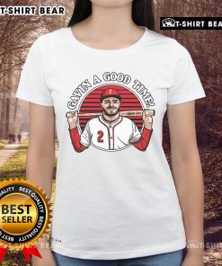 Alt Text: Gavin Lux wearing the Top Gavin A Good Time ladies tee, showcasing stylish design and vibrant colors in casual setting.