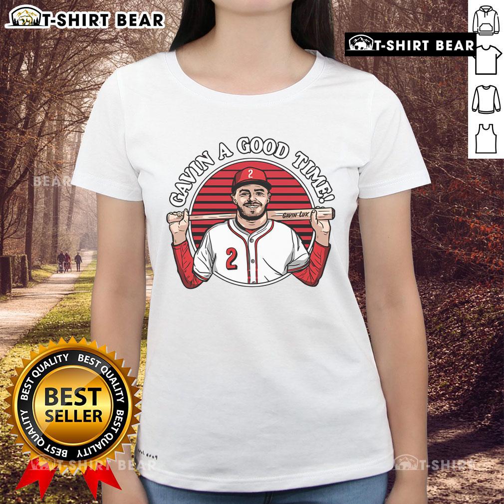 Top Gavin A Good Time Gavin Lux Ladies Tee Alt Text: Gavin Lux wearing the Top Gavin A Good Time ladies tee, showcasing stylish design and vibrant colors in casual setting.