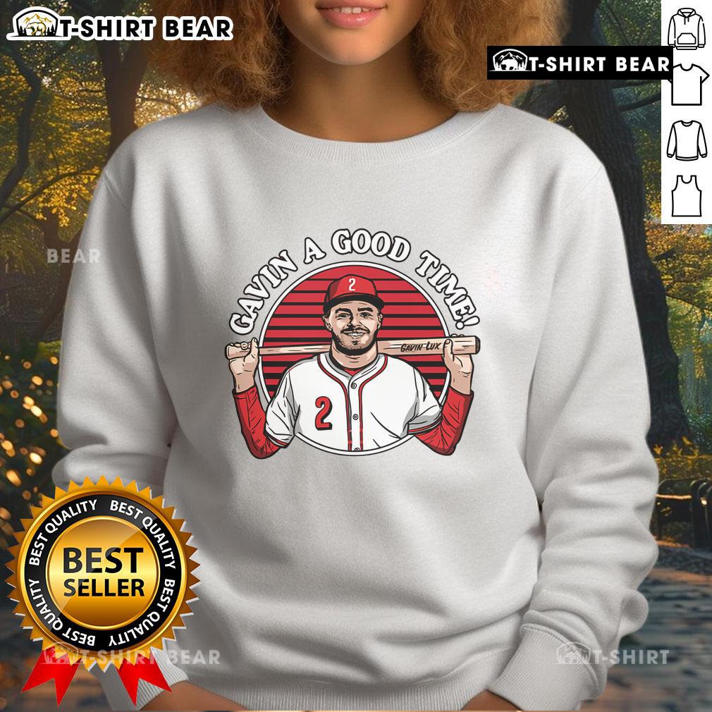 Top Gavin A Good Time Gavin Lux Sweatshirt Gavin Lux wearing a stylish sweatshirt, showcasing the Top Gavin A Good Time design for trendy casual wear.