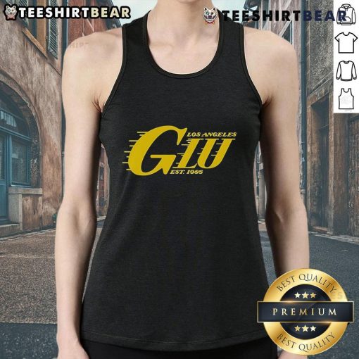 Top Glu Los Angeles Lakers Est 1985 tank top featuring team colors and logo, perfect for Lakers fans and summer wear.