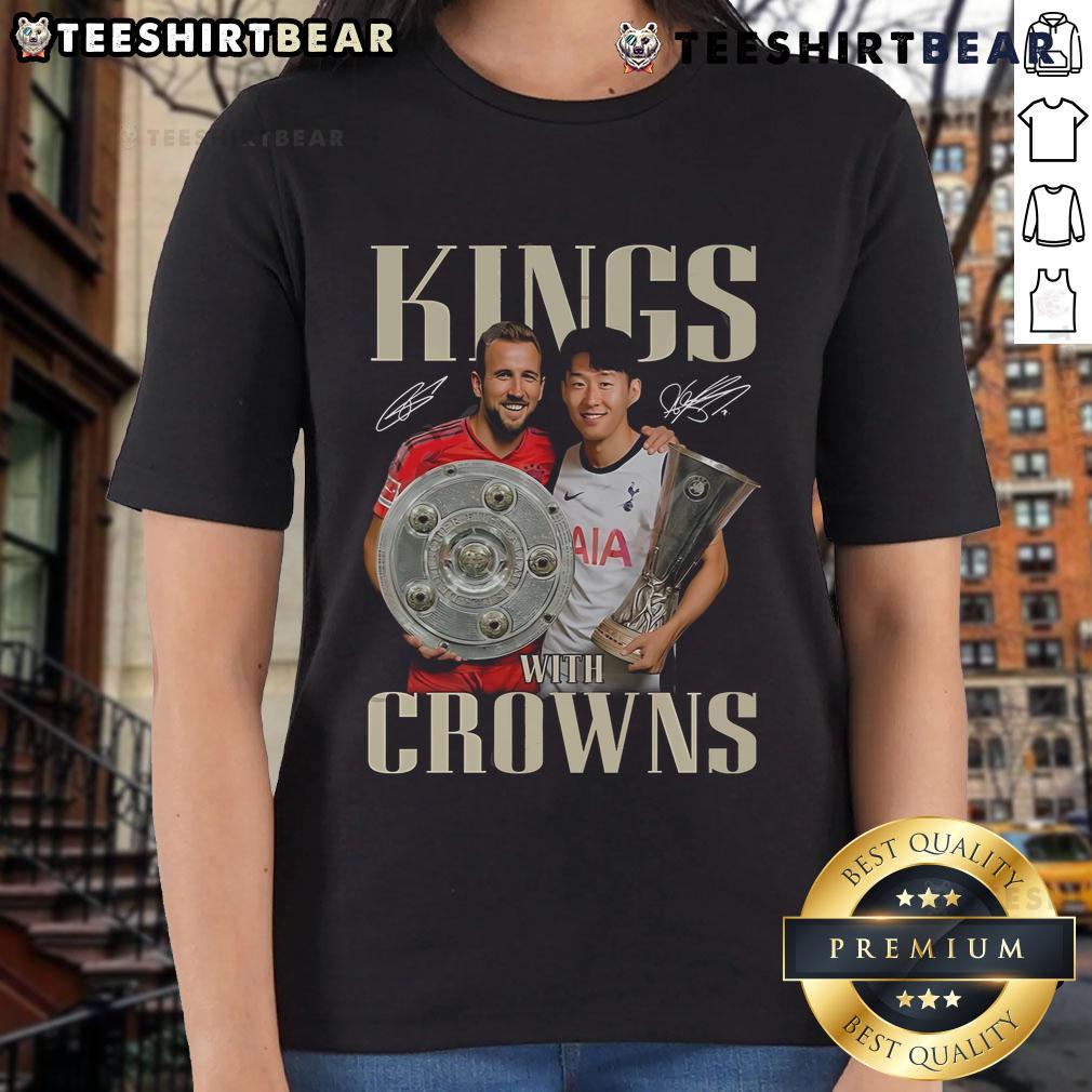 Top Harry Kane X Son Heung Min Kings With Crowns Limited Edition Ladies Tee Limited edition ladies tee featuring Harry Kane and Son Heung-Min crowned as kings, perfect for football fans.