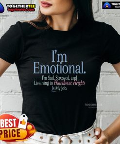 Emotional woman in a ladies tee, feeling sad and stressed while listening to Hawthorne Heights music.
