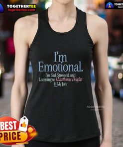 Emotional person wearing a 'Listening to Hawthorne Heights Is My Job' tank top, expressing sadness and stress.