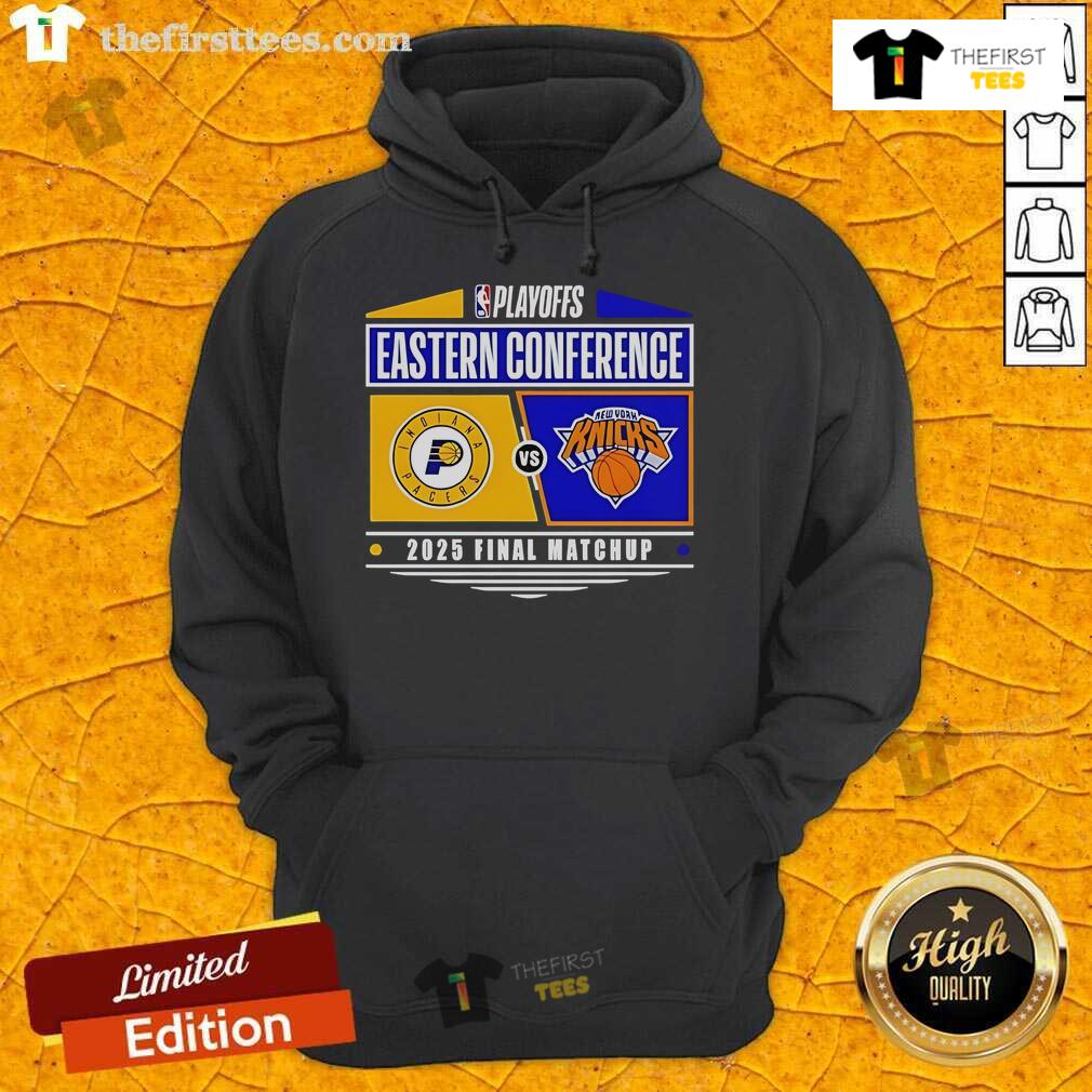 Top Indiana Pacers Vs New York Knicks 2025 Eastern Conference Finals NBA Playoffs Matchup Hoodie 2025 Eastern Conference Finals hoodie featuring Indiana Pacers vs New York Knicks NBA Playoffs matchup design.