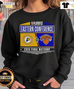 Alt Text: 2025 Eastern Conference Finals sweatshirt featuring Indiana Pacers vs New York Knicks NBA Playoffs design.