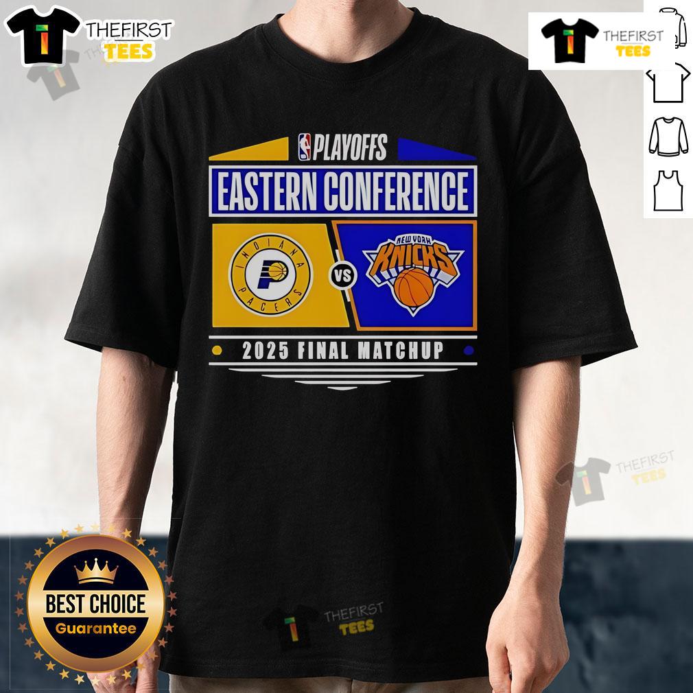 Top Indiana Pacers Vs New York Knicks 2025 Eastern Conference Finals NBA Playoffs Matchup T-Shirt Top Indiana Pacers vs New York Knicks 2025 Eastern Conference Finals NBA Playoffs T-Shirt featuring team logos and vibrant design.