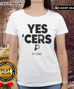 Alt Text: Top Indiana Pacers Yes 'Cers 2024-25 NBA Playoffs Ladies Tee featuring vibrant team colors and stylish design.