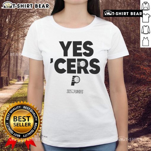 Alt Text: Top Indiana Pacers Yes 'Cers 2024-25 NBA Playoffs Ladies Tee featuring vibrant team colors and stylish design.